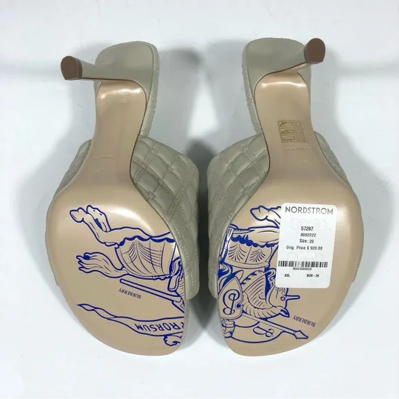 Burberry Leather Quilted Heeled Slide Sandals Plaster 39 9 NEW - Picture 7 of 17